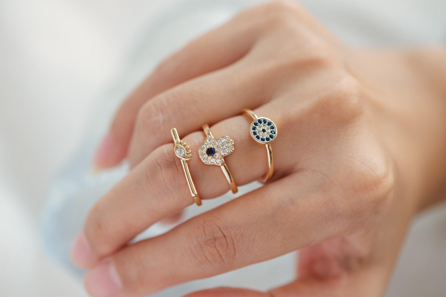 4pcs CZ Pave Gold/ Silver Tone Eye Ring, Hamsa Ring, Thin Ring, Everyday Ring, Fashion Rings, Dainty Rings, Adjustable Ring (#JZ-026)