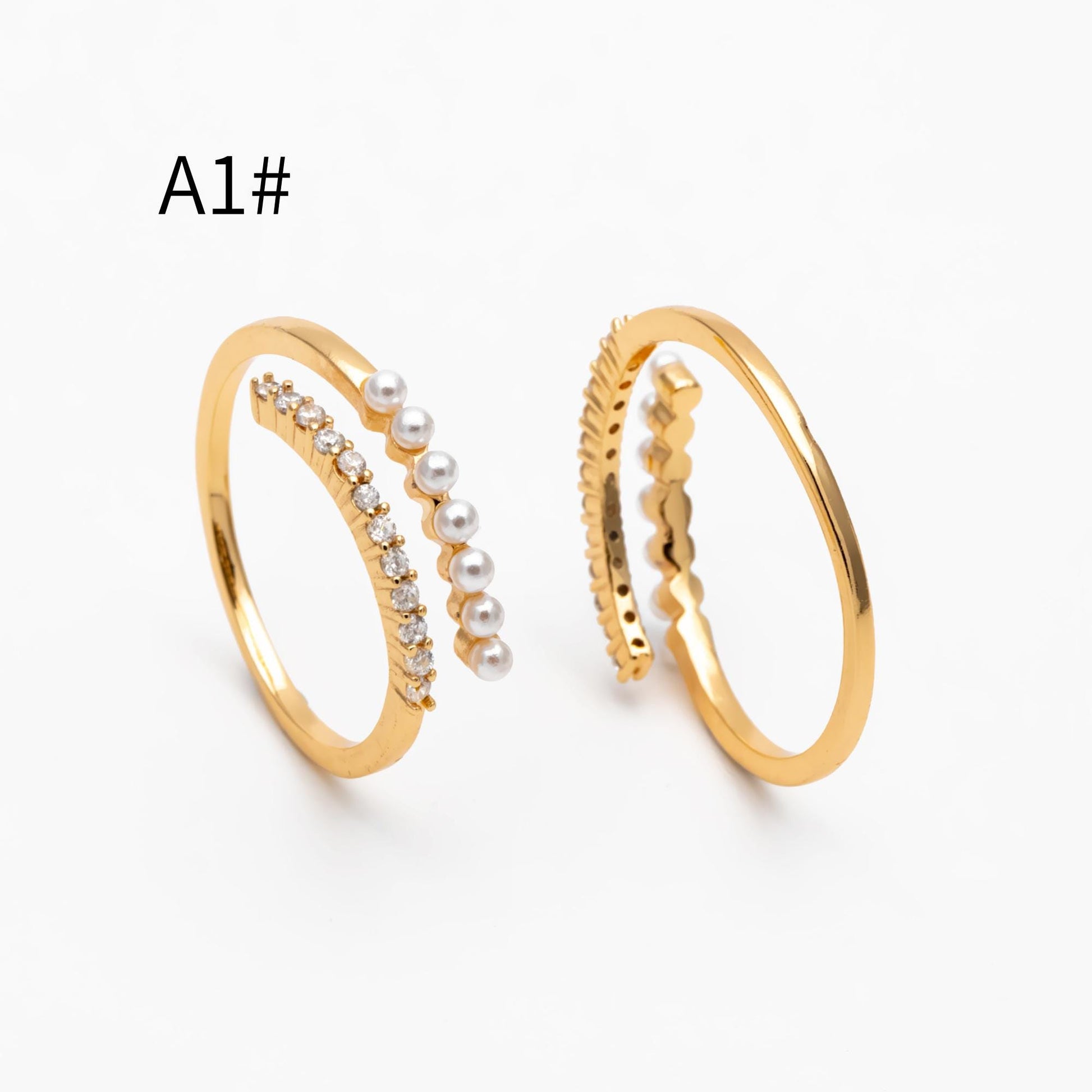 4pcs CZ Pave Finger Ring, Faux Pearl Ring, Gold/ Rhodium plated Brass, Gift for Her, Dainty Ring, Adjustable Ring (#GB-4657)