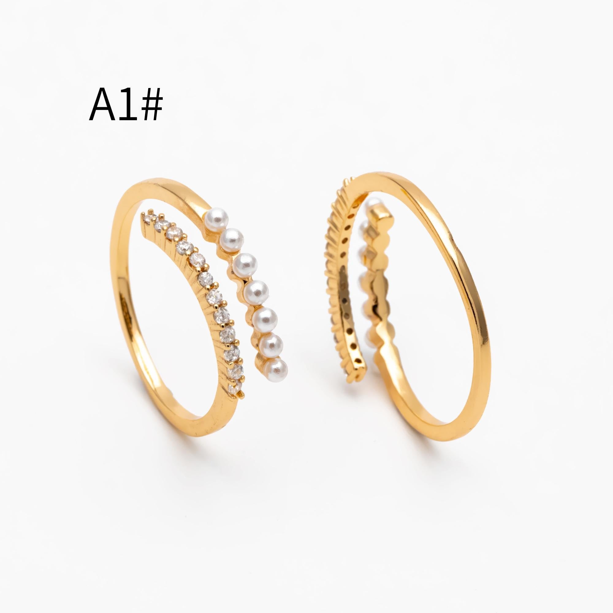 4pcs CZ Pave Finger Ring, Faux Pearl Ring, Gold/ Rhodium plated Brass, Gift for Her, Dainty Ring, Adjustable Ring (#JZ-016)