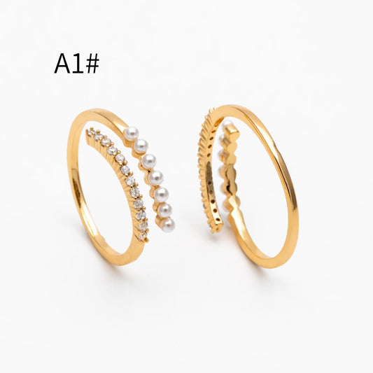 4pcs CZ Pave Finger Ring, Faux Pearl Ring, Gold/ Rhodium plated Brass, Gift for Her, Dainty Ring, Adjustable Ring (#JZ-016)