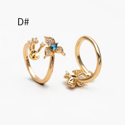 4pcs Blue CZ Pave Gold Flower Ring, Adjustable Ring Mounting, Pearl Ring Setting (#GB-4440)
