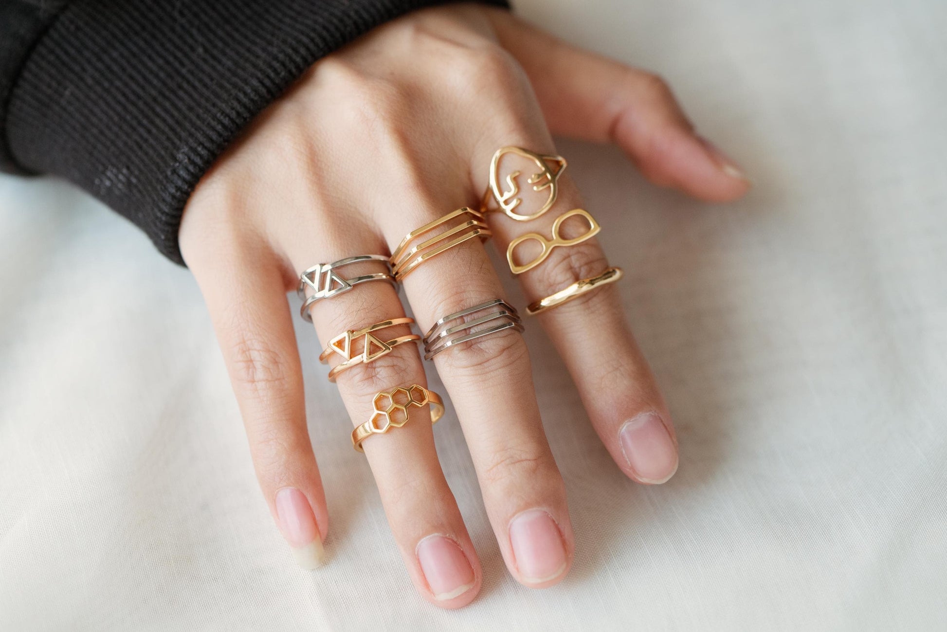 4pcs Gold/ Silver Double Band Triangle Ring, Everyday Ring, Fashion Rings, Dainty Rings, Adjustable Ring (#GB-4167)