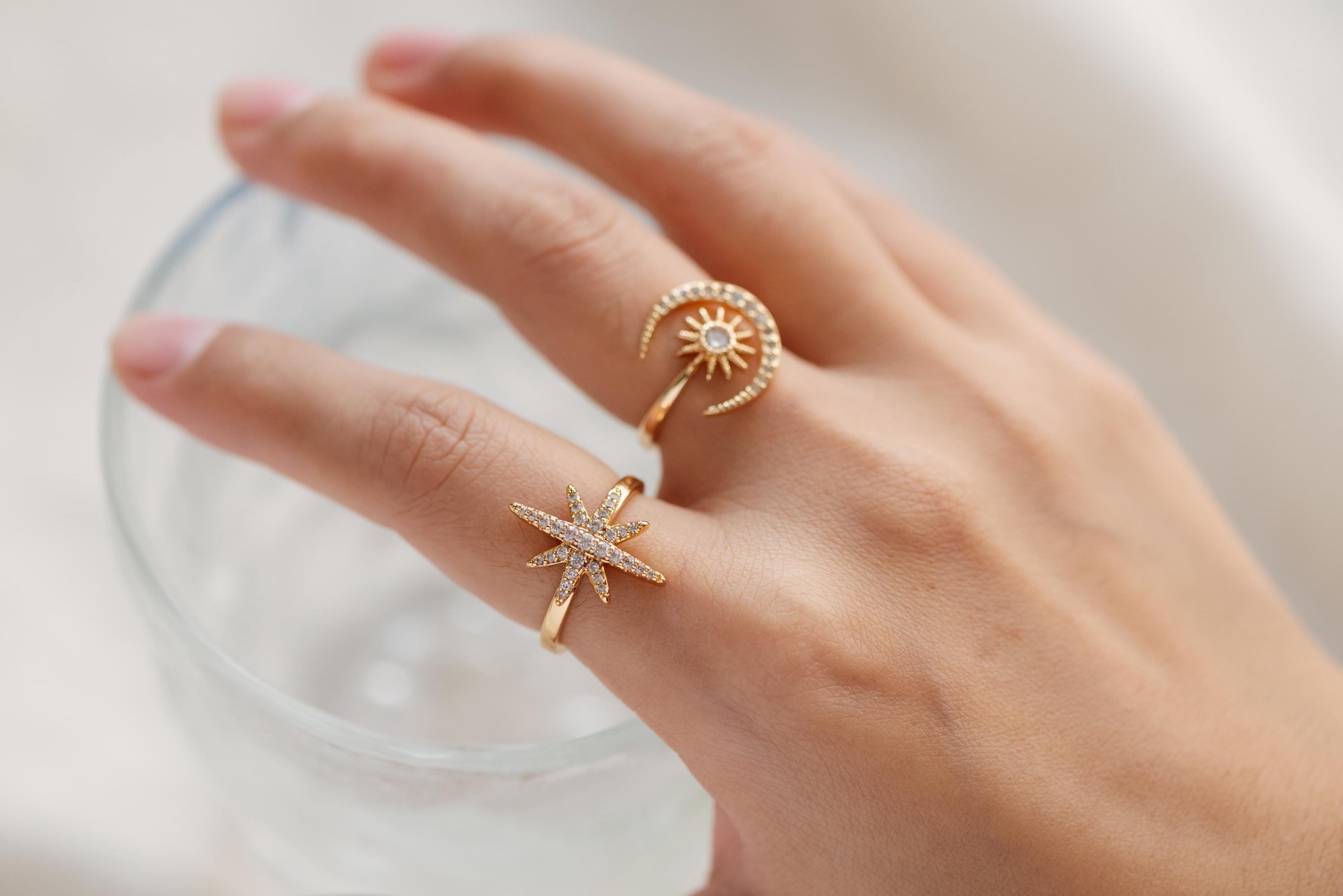 4pcs CZ Pave North Star Ring, Moon Ring, Celestial Ring, Modern Style Ring, Fashion Rings, Dainty Rings, Adjustable Ring (#JZ-024)