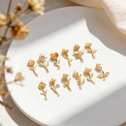 4 pieces- Gold 12 Month Birth Flower Connector Collection, Floral Necklace Pendants (GB-4725)