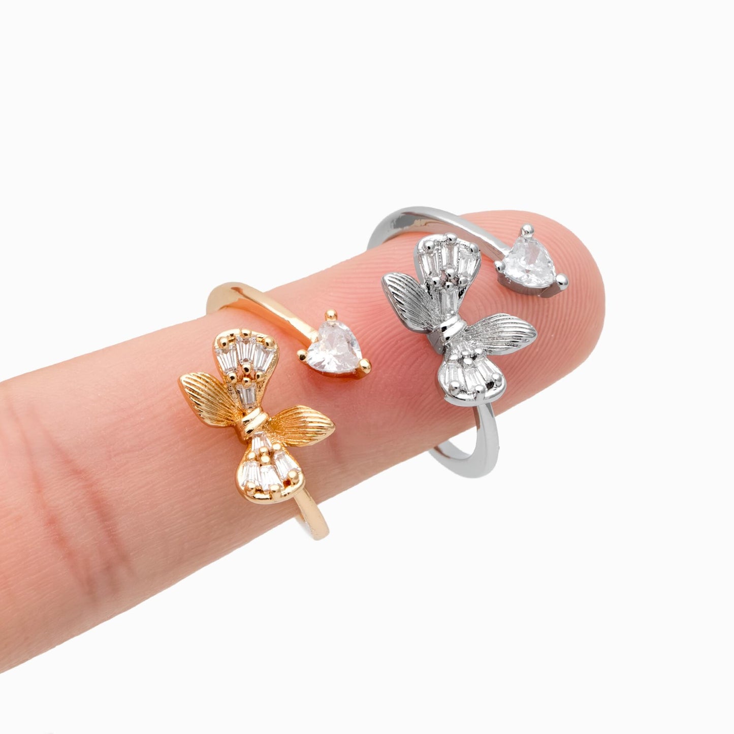 4pcs CZ Pave Gold/ Silver Bowknot Heart Ring, Modern Style Ring, Fashion Rings, Dainty Rings, Adjustable Ring (#JZ-003)