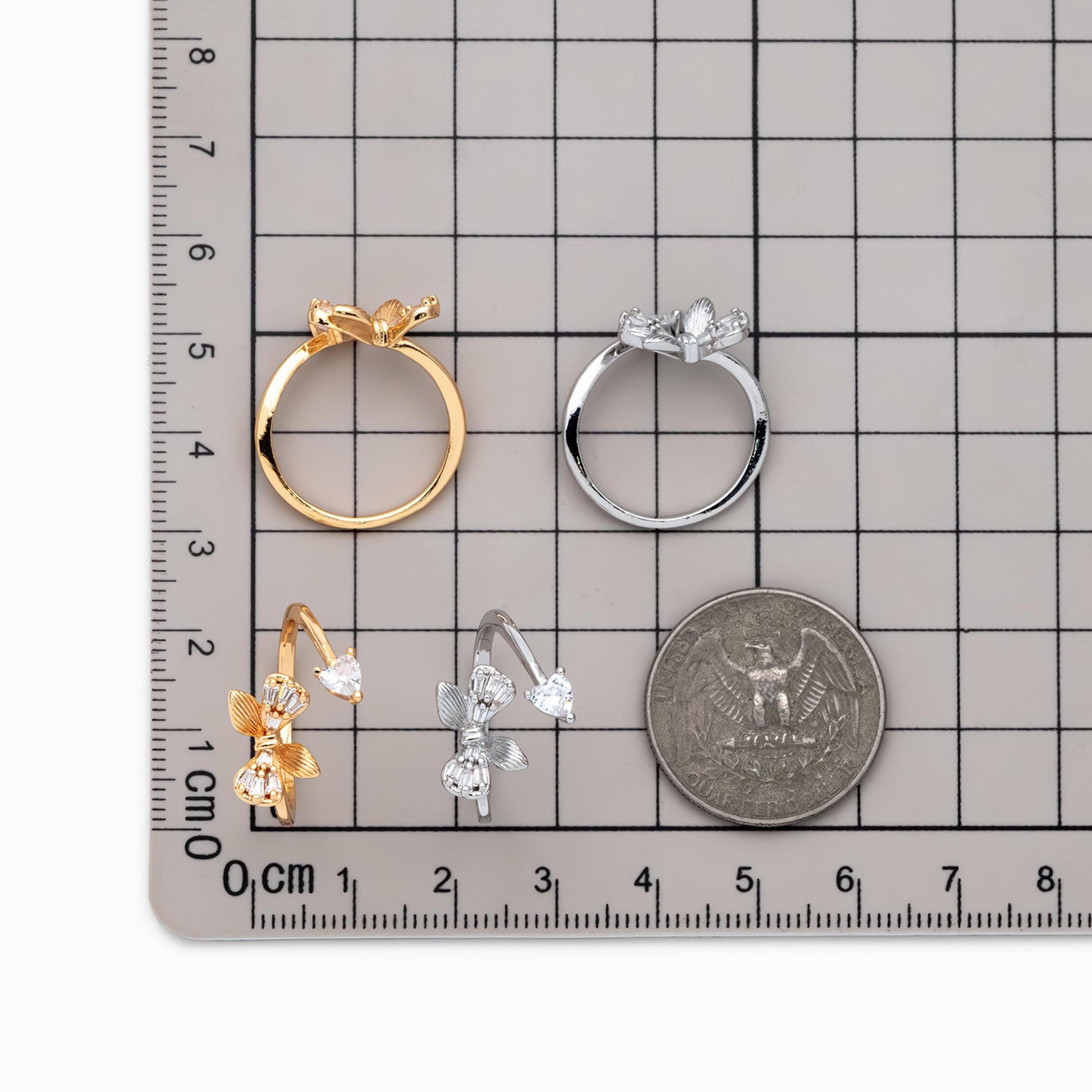4pcs CZ Pave Gold/ Silver Bowknot Heart Ring, Modern Style Ring, Fashion Rings, Dainty Rings, Adjustable Ring (#JZ-003)