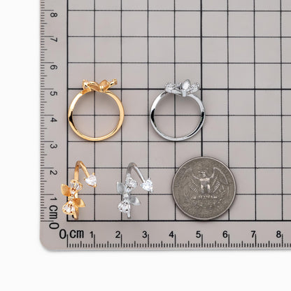 4pcs CZ Pave Gold/ Silver Bowknot Heart Ring, Modern Style Ring, Fashion Rings, Dainty Rings, Adjustable Ring (#JZ-003)