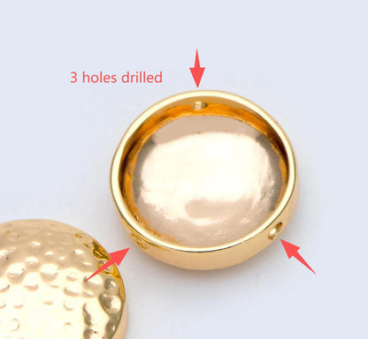 10pcs Gold plated Brass Cabochon Charms 14mm, Hammered Connectors with 3 Holes (GB-1047)