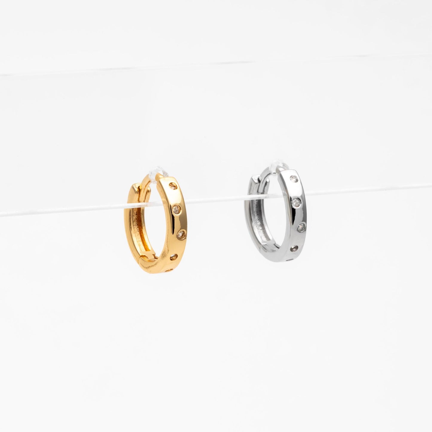 4pcs CZ Pave Gold/ Silver Hoop Earrings, 11mm, 18K Real Gold/ Rhodium plated Brass, Dainty Huggie Earrings, Minimalist Earrings (GB-4732)