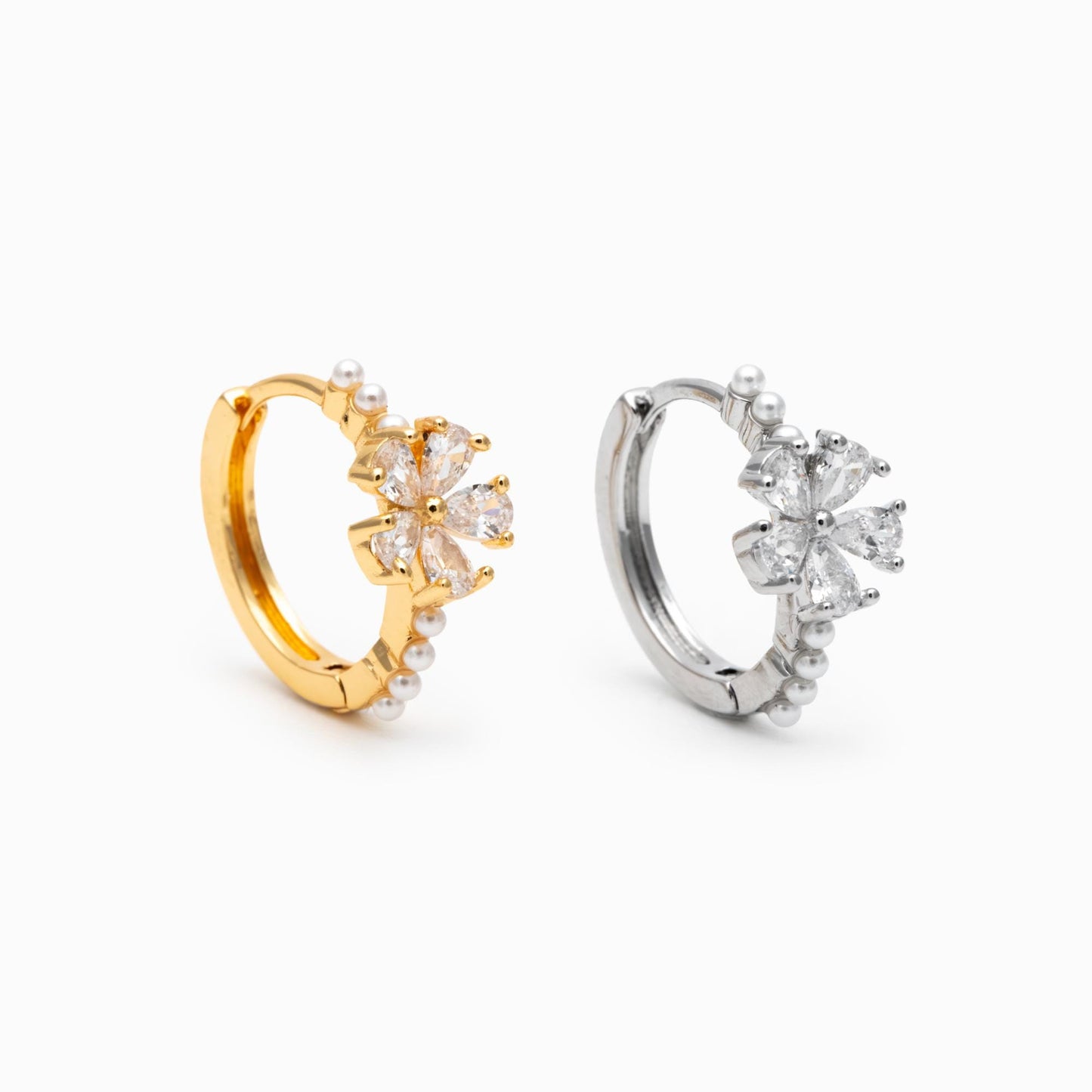 4pcs CZ Pave Gold/ Silver Flower Hoop Earrings, Faux Pearl Earrings, Dainty Huggie Earrings, Minimalist Earrings (GB-4739)