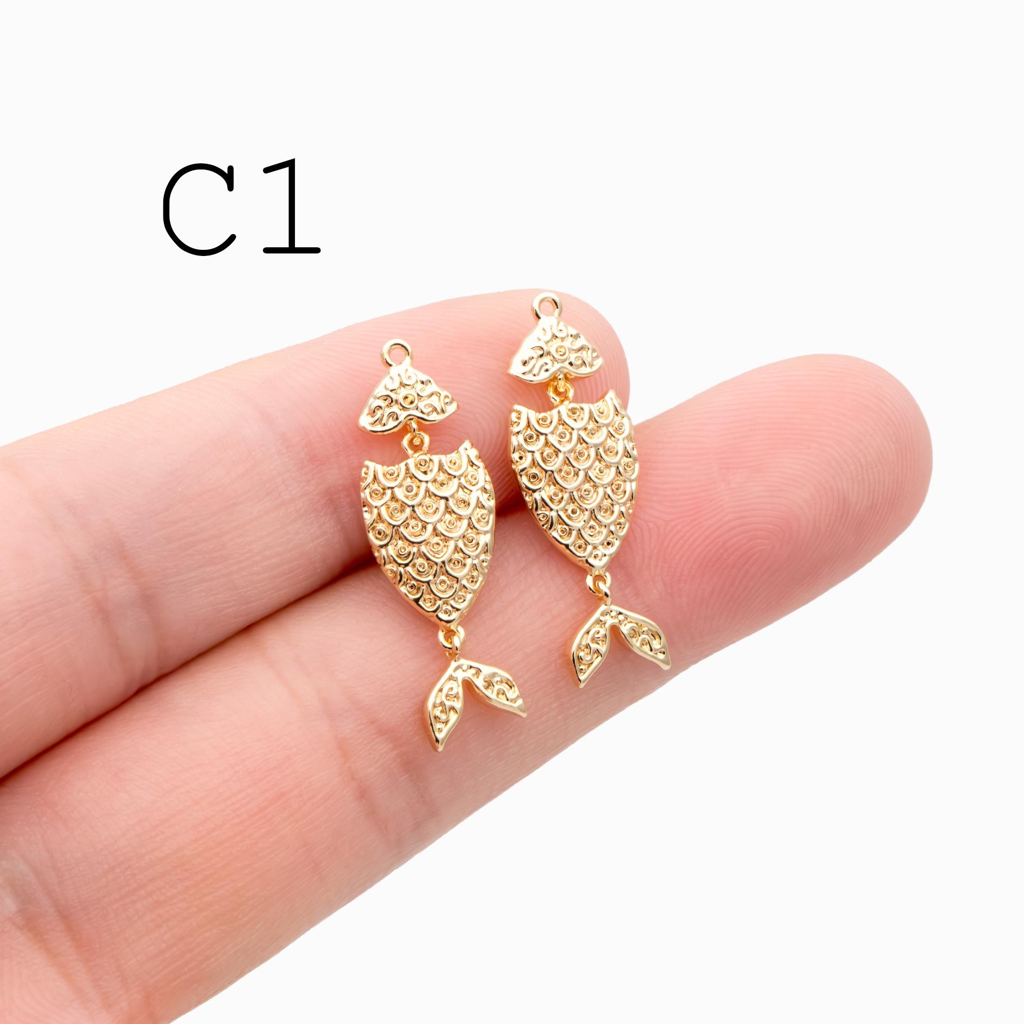 4pcs Gold/ Silver Tone Fishbone Charm, Gold/ Rhodium Plated Brass Fishbone Pendant, Skeleton Pendant (GB-2936)