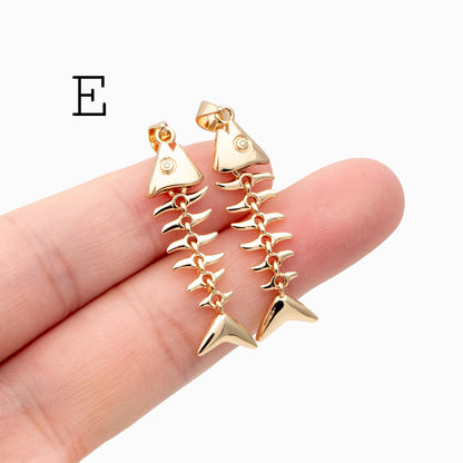 4pcs Gold/ Silver Tone Fishbone Charm, Gold/ Rhodium Plated Brass Fishbone Pendant, Skeleton Pendant (GB-2936)