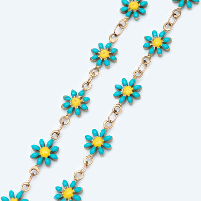 Enamel Flower Chain, Raw Brass Daisy Chain, Floral Link Chain Findings, White/ Red/ Aqua (#LK-461)/ 1 Meter=3.3ft