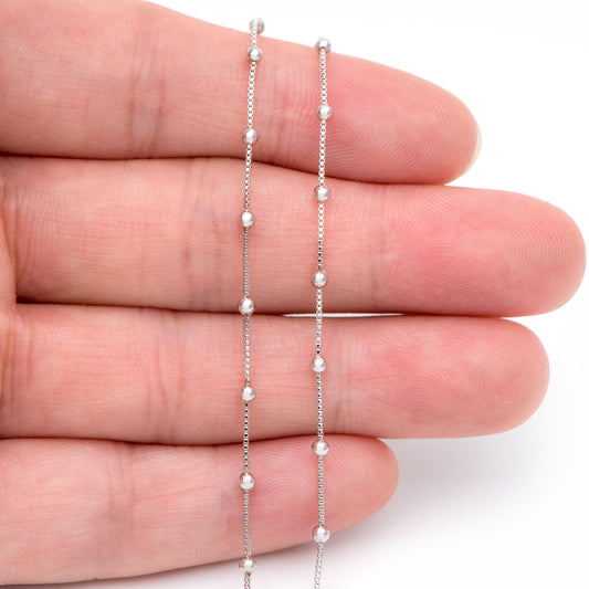 Silver tone Box Chain with 2mm Round Beads, Rhodium plated Brass Ball Chain (#LK-230-2)/ 1 Meter=3.3 ft