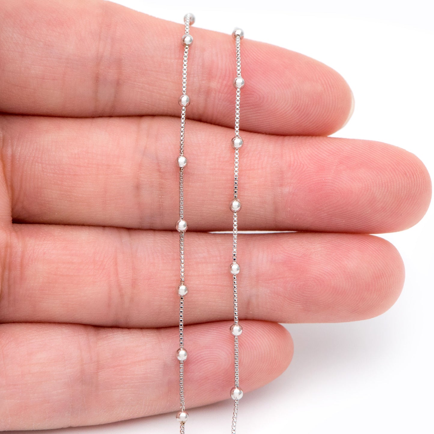 Silver tone Box Chain with 2mm Round Beads, Rhodium plated Brass Ball Chain (#LK-230-2)/ 1 Meter=3.3 ft