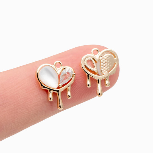 4pcs Shell Pave Heart Charms, 18K Gold plated Brass, CZ Gold Heart Pendants (GB-2782-O)