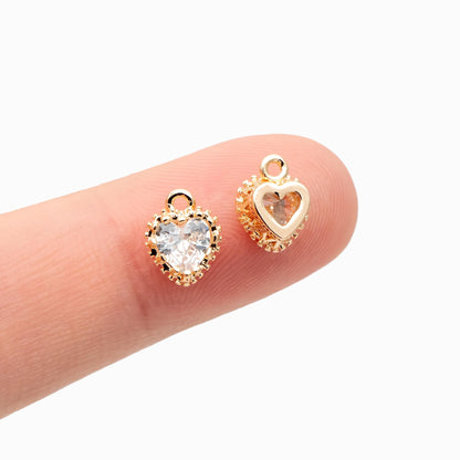 4pcs CZ pave Gold Heart Charms 9x7mm, Gold Plated Brass Heart Pendants (GB-2782-E)