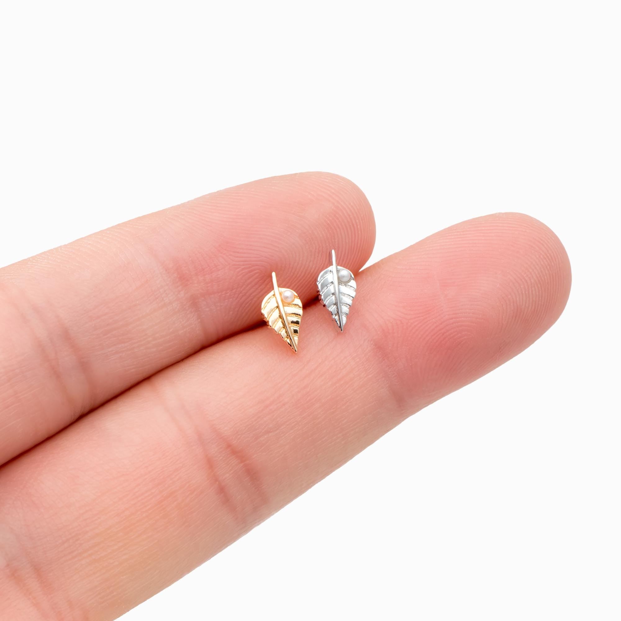 10pcs Faux Pearl Pave Gold/ Silver Leaf Earrings, 18K Real Gold/ Rhodium Plated Brass, Dainty Stud Earrings (GB-4748)
