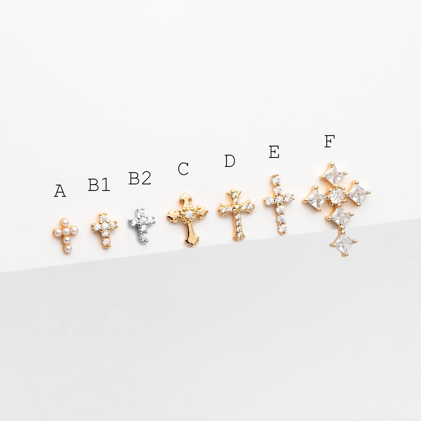 4pcs CZ Pave Gold Cross Earrings, Gold Plated Brass Dainty Cross Stud Earring (#GB-3637)