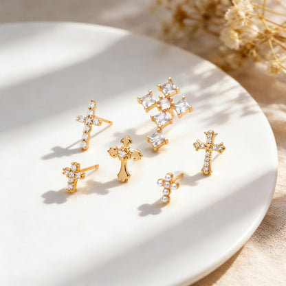 4pcs CZ Pave Gold Cross Earrings, Gold Plated Brass Dainty Cross Stud Earring (#GB-3637)