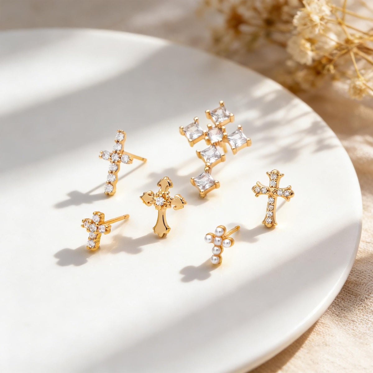 4pcs CZ Pave Gold Cross Earrings, Gold Plated Brass Dainty Cross Stud Earring (#GB-3637)