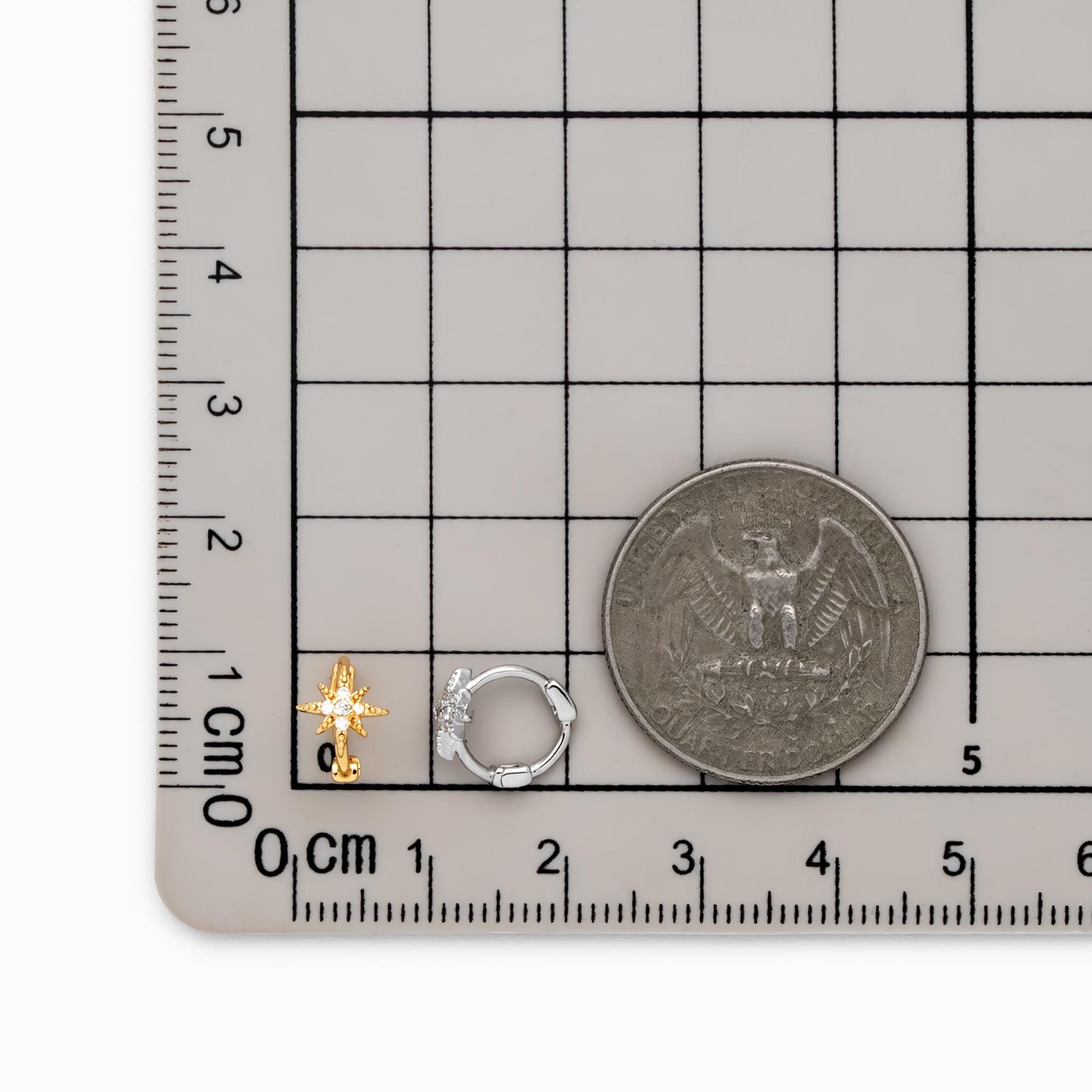 4pcs CZ Pave North Star Hoop Earrings, 18K Gold/ Rhodium plated Huggie Earrings 10mm (GB-4729)