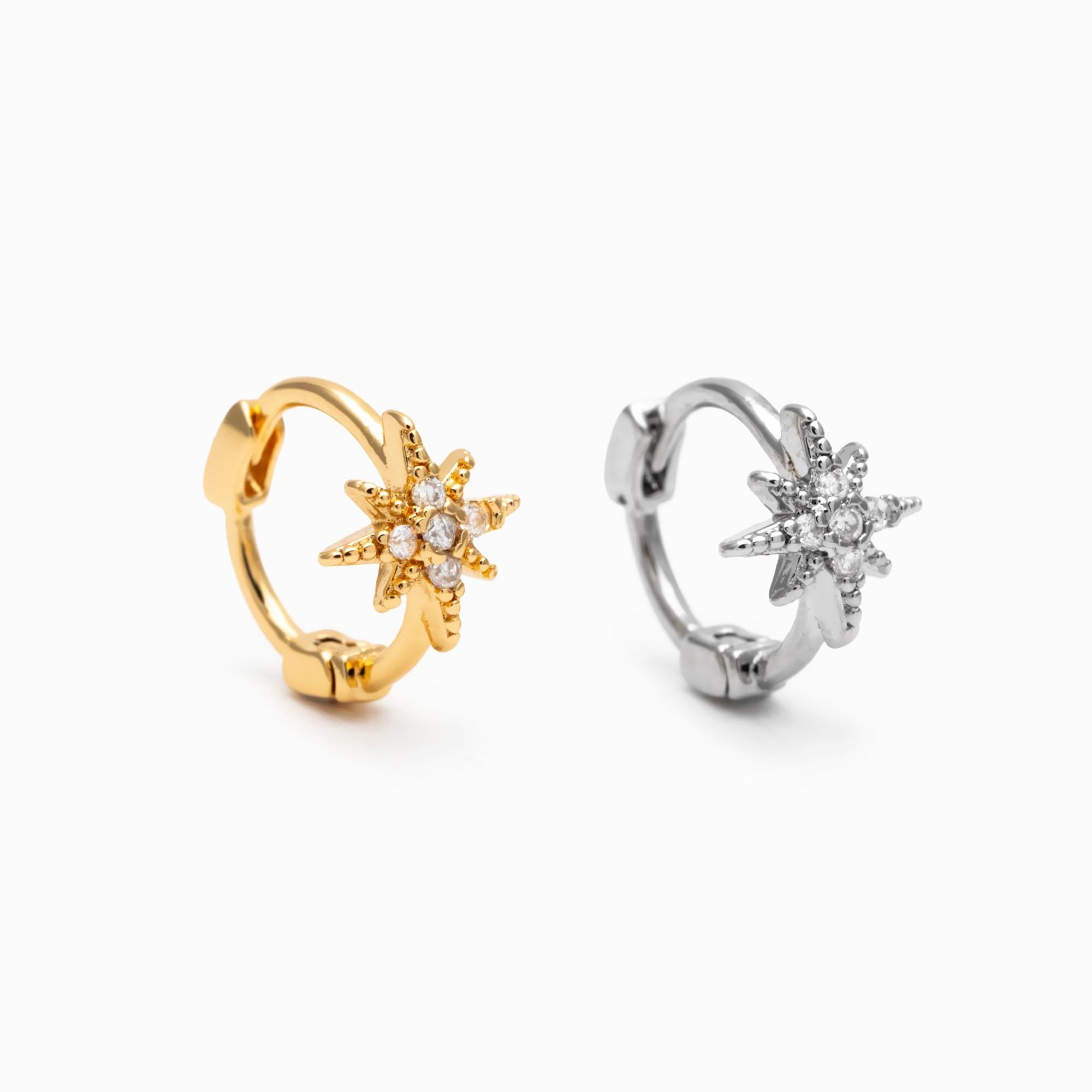 4pcs CZ Pave North Star Hoop Earrings, 18K Gold/ Rhodium plated Huggie Earrings 10mm (GB-4729)