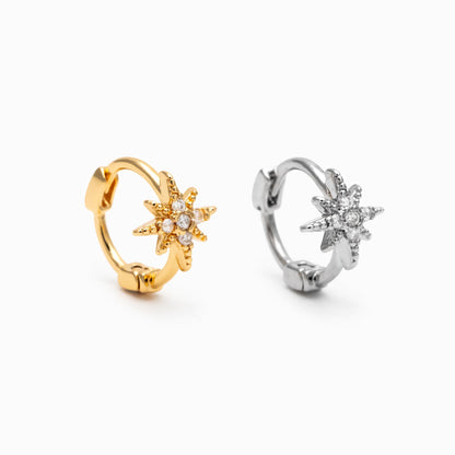 4pcs CZ Pave North Star Hoop Earrings, 18K Gold/ Rhodium plated Huggie Earrings 10mm (GB-4729)