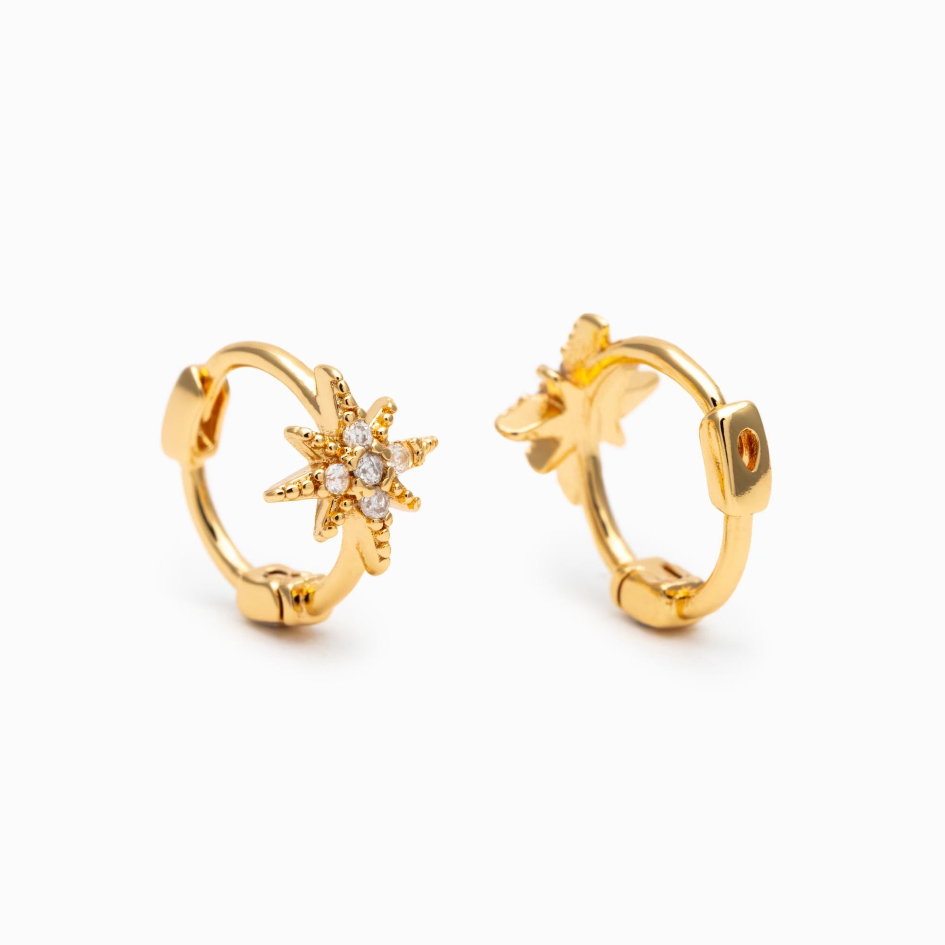 4pcs CZ Pave North Star Hoop Earrings, 18K Gold/ Rhodium plated Huggie Earrings 10mm (GB-4729)