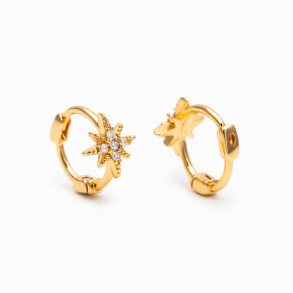 4pcs CZ Pave North Star Hoop Earrings, 18K Gold/ Rhodium plated Huggie Earrings 10mm (GB-4729)