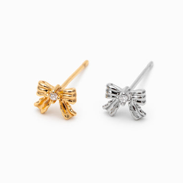 10pcs Tiny Bowknot Earrings, 18K Real Gold/ Rhodium plated Brass, Bow Knot Stud Earring (GB-4737)