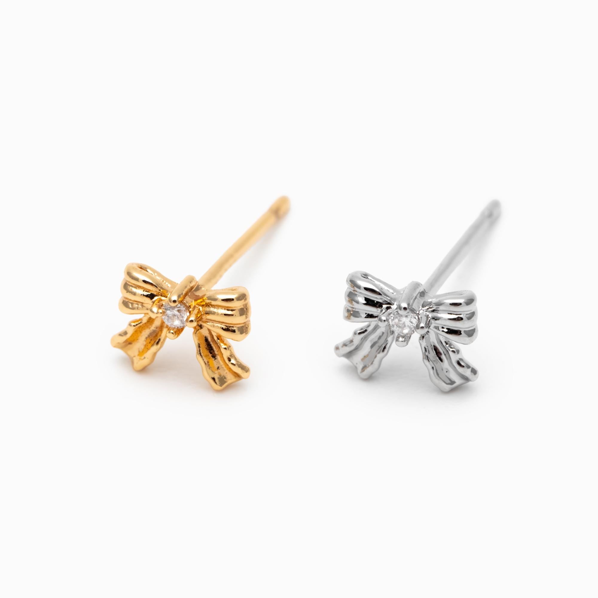 10pcs Tiny Bowknot Earrings, 18K Real Gold/ Rhodium plated Brass, Bow Knot Stud Earring (GB-4737)