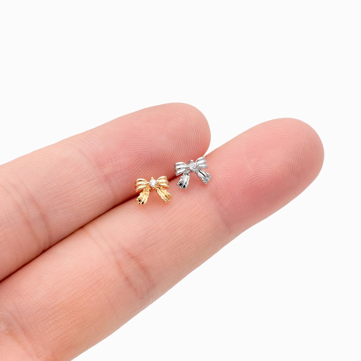 10pcs Tiny Bowknot Earrings, 18K Real Gold/ Rhodium plated Brass, Bow Knot Stud Earring (GB-4737)