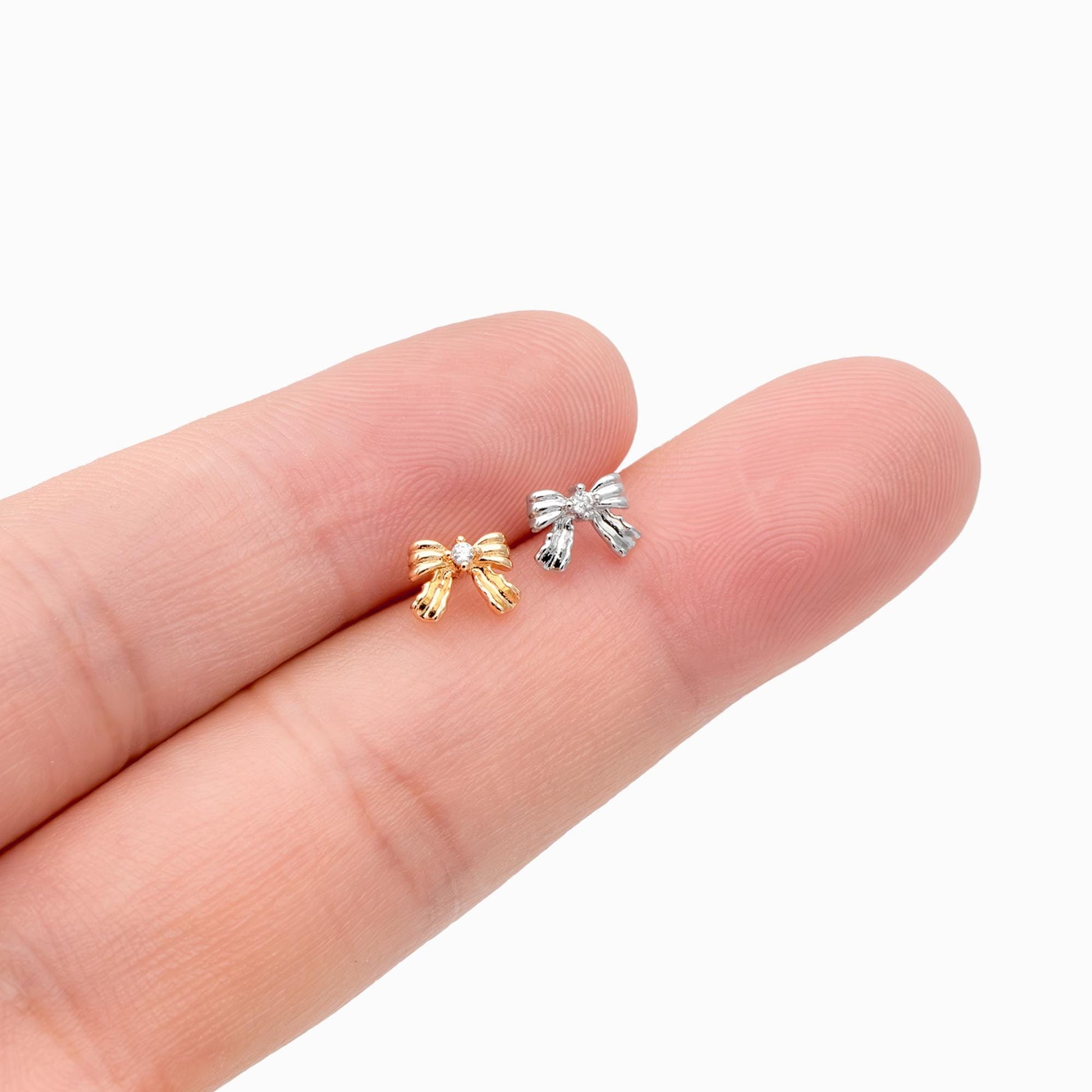 10pcs Tiny Bowknot Earrings, 18K Real Gold/ Rhodium plated Brass, Bow Knot Stud Earring (GB-4737)
