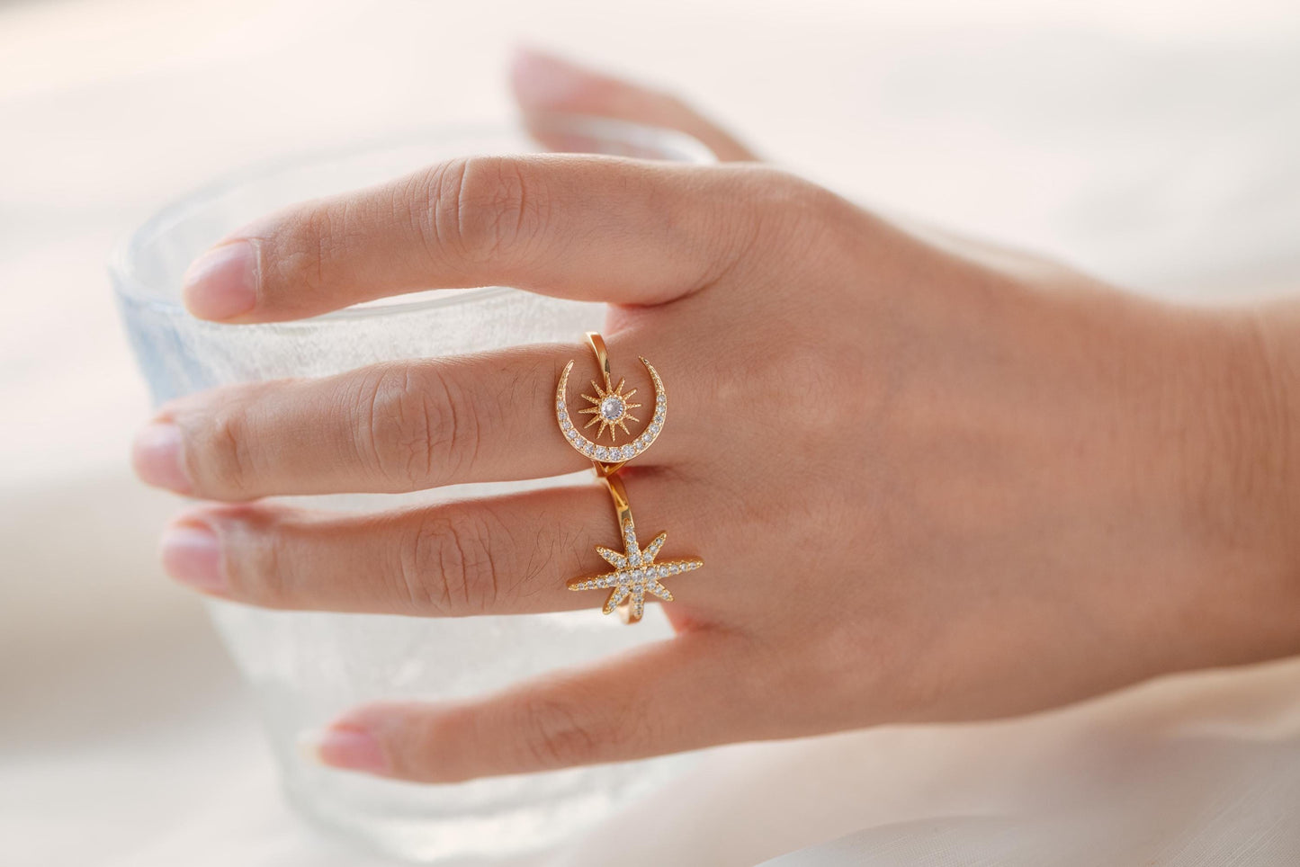 4pcs CZ Pave North Star Ring, Moon Ring, Celestial Ring, Modern Style Ring, Fashion Rings, Dainty Rings, Adjustable Ring (#JZ-024)