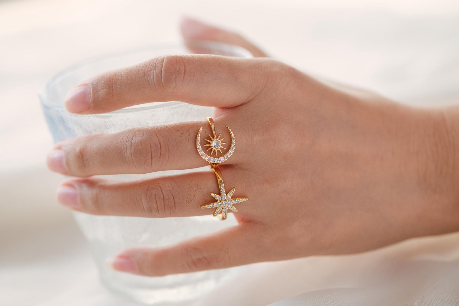 4pcs CZ Pave North Star Ring, Moon Ring, Celestial Ring, Modern Style Ring, Fashion Rings, Dainty Rings, Adjustable Ring (#JZ-024)