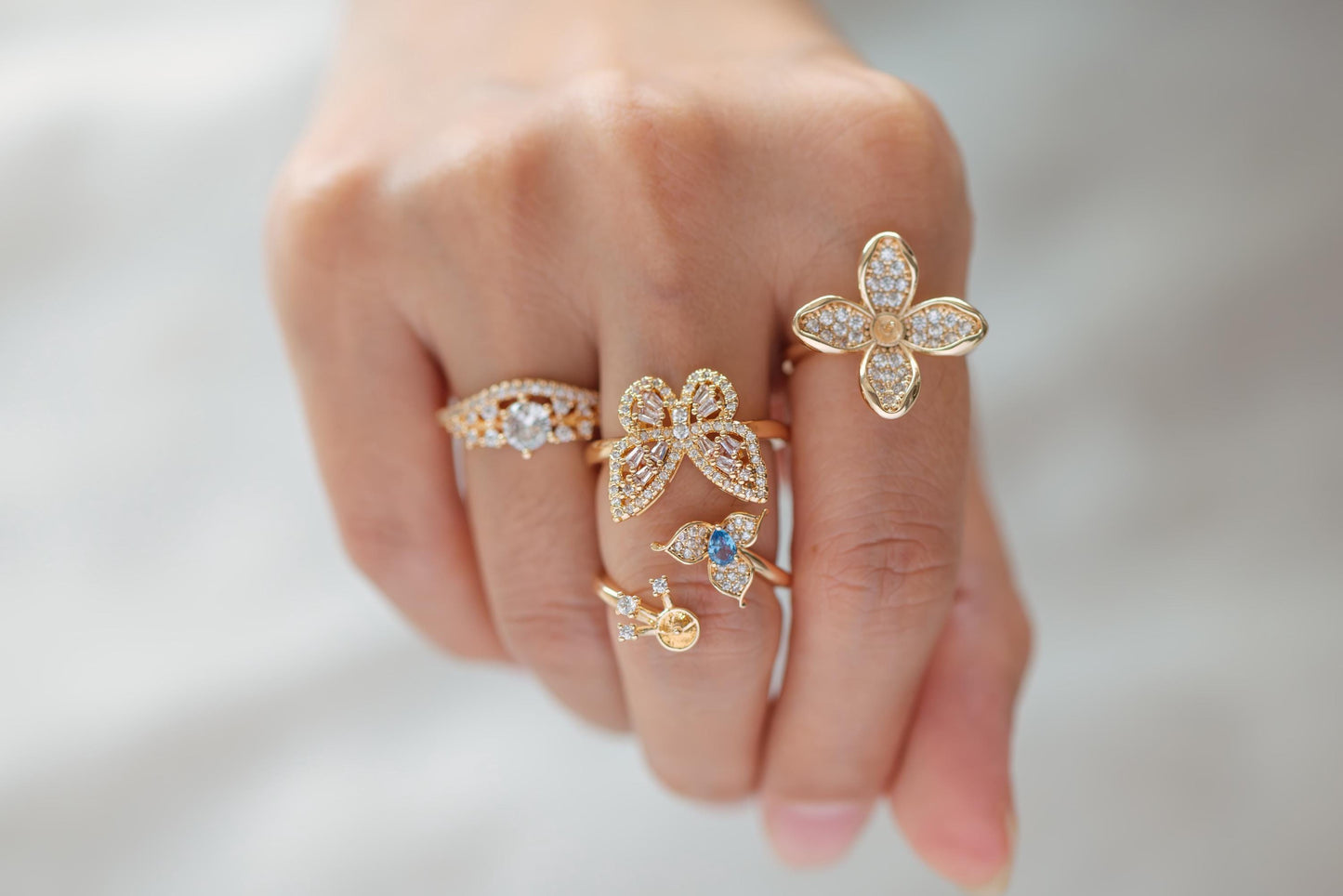 4pcs CZ Pave Gold Flower Ring, Butterfly Ring, Adjustable Ring Mounting, Pearl Ring Setting (#JZ-019)