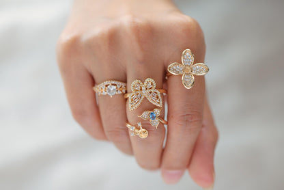 4pcs CZ Pave Gold Flower Ring, Butterfly Ring, Adjustable Ring Mounting, Pearl Ring Setting (#JZ-019)