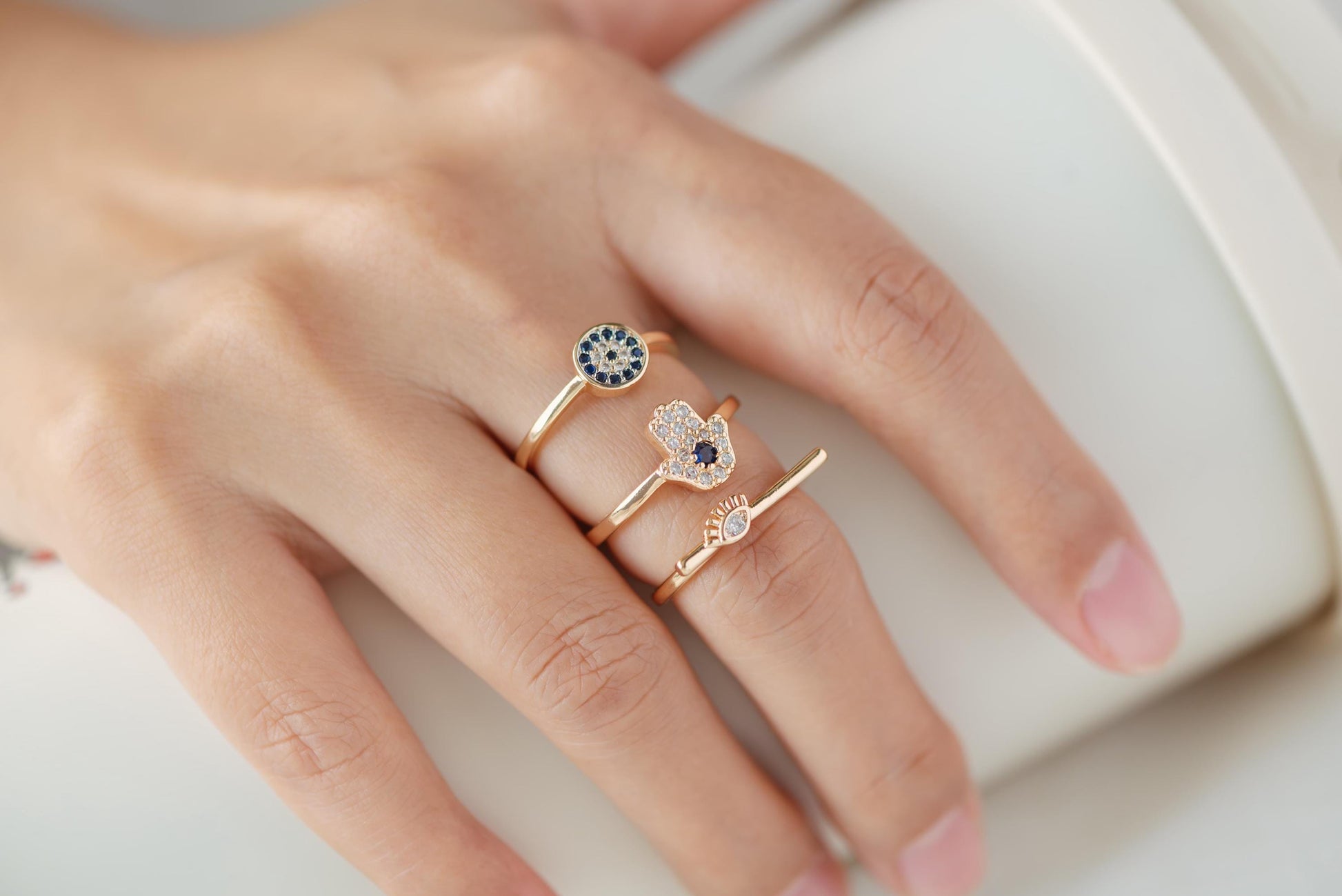 4pcs CZ Pave Gold/ Silver Tone Eye Ring, Bar Ring, Thin Ring, Everyday Ring, Fashion Rings, Dainty Rings, Adjustable Ring (#GB-4623)