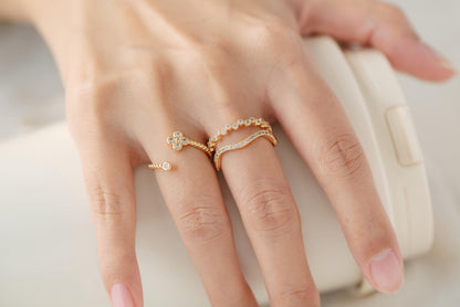 4pcs CZ Pave Gold/ Silver Flower Ring, Modern Style Ring, Fashion Rings, Dainty Rings, Adjustable Ring (#GB-4615)