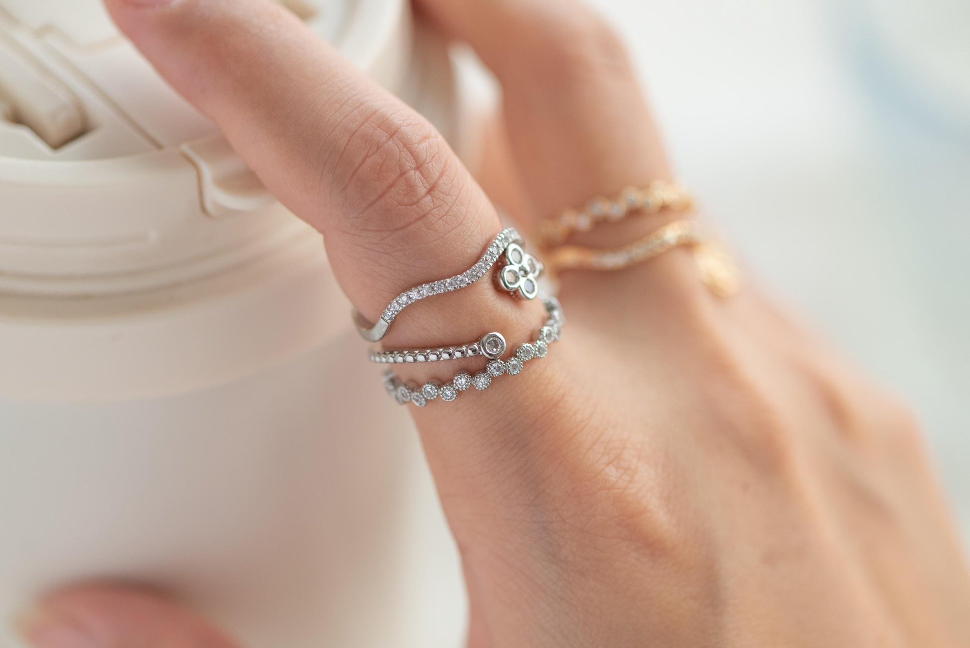 4pcs CZ Pave Gold/ Silver Flower Ring, Modern Style Ring, Fashion Rings, Dainty Rings, Adjustable Ring (#GB-4615)