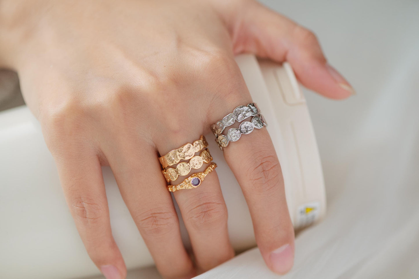 4pcs Purple CZ Ring, Hammered Ring, Stacking Ring, Statement Ring, Adjustable Ring (#GB-3527)