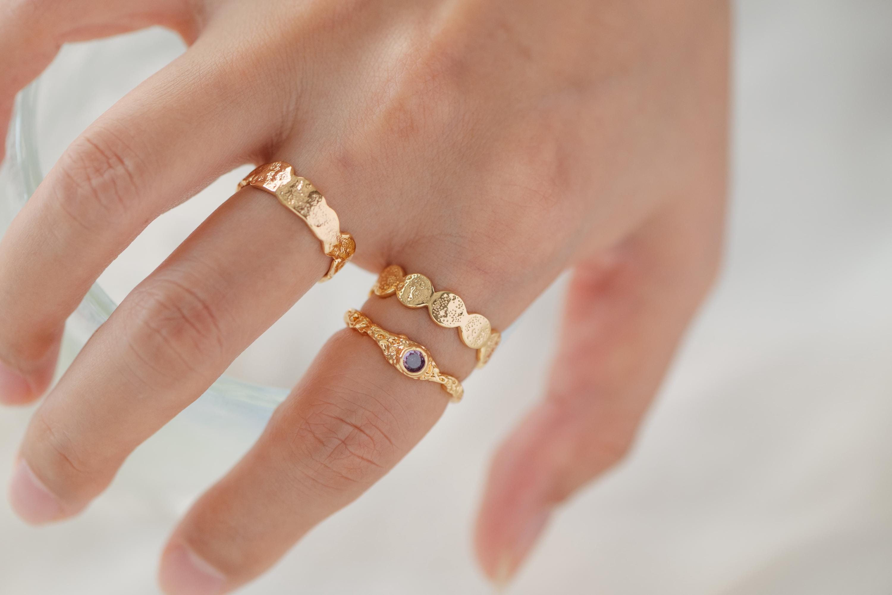 4pcs Gold/ Silver Hammered Ring, Purple CZ Ring, Stacking Ring, Statement Ring, Adjustable Ring (#JZ-030)