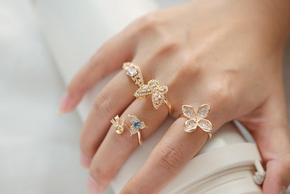 4pcs Blue CZ Pave Gold Flower Ring, Adjustable Ring Mounting, Pearl Ring Setting (#GB-4440)