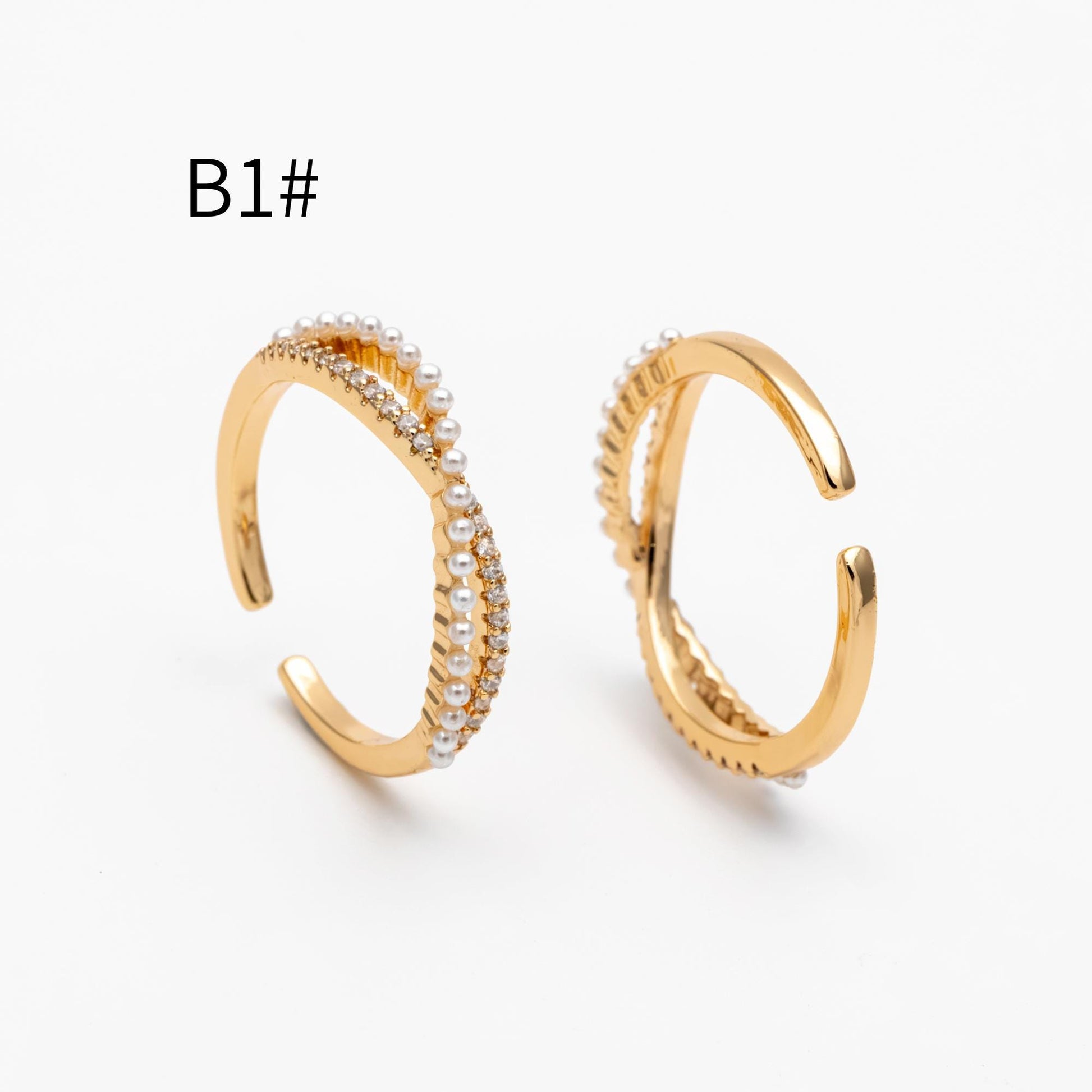 4pcs CZ Pave Finger Ring, Faux Pearl Ring, Gold/ Rhodium plated Brass, Gift for Her, Dainty Ring, Adjustable Ring (#GB-4657)