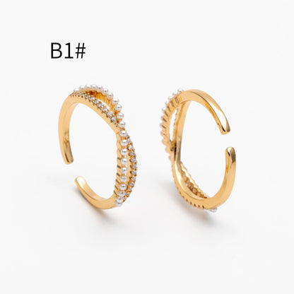 4pcs CZ Pave Finger Ring, Faux Pearl Ring, Gold/ Rhodium plated Brass, Gift for Her, Dainty Ring, Adjustable Ring (#GB-4657)