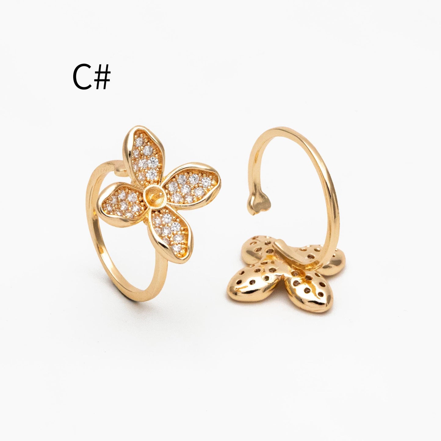 4pcs Blue CZ Pave Gold Flower Ring, Adjustable Ring Mounting, Pearl Ring Setting (#GB-4440)