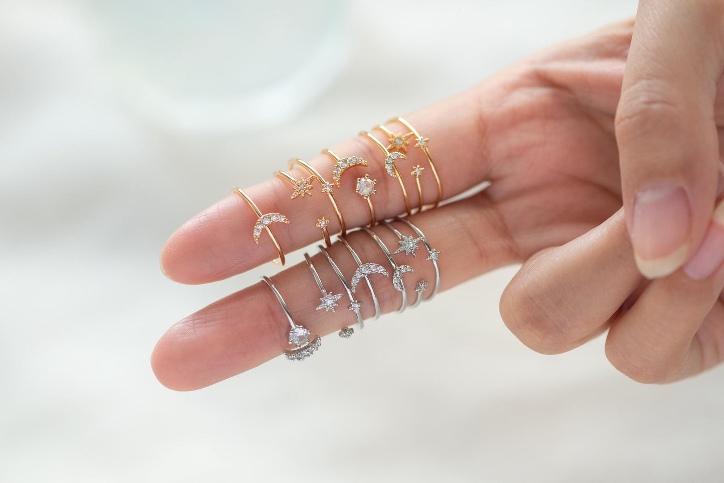 4pcs CZ Pave Gold/ Silver Moon Ring, Celestial Ring, Dainty Rings, Adjustable Ring, Thin Ring (#GB-4176)