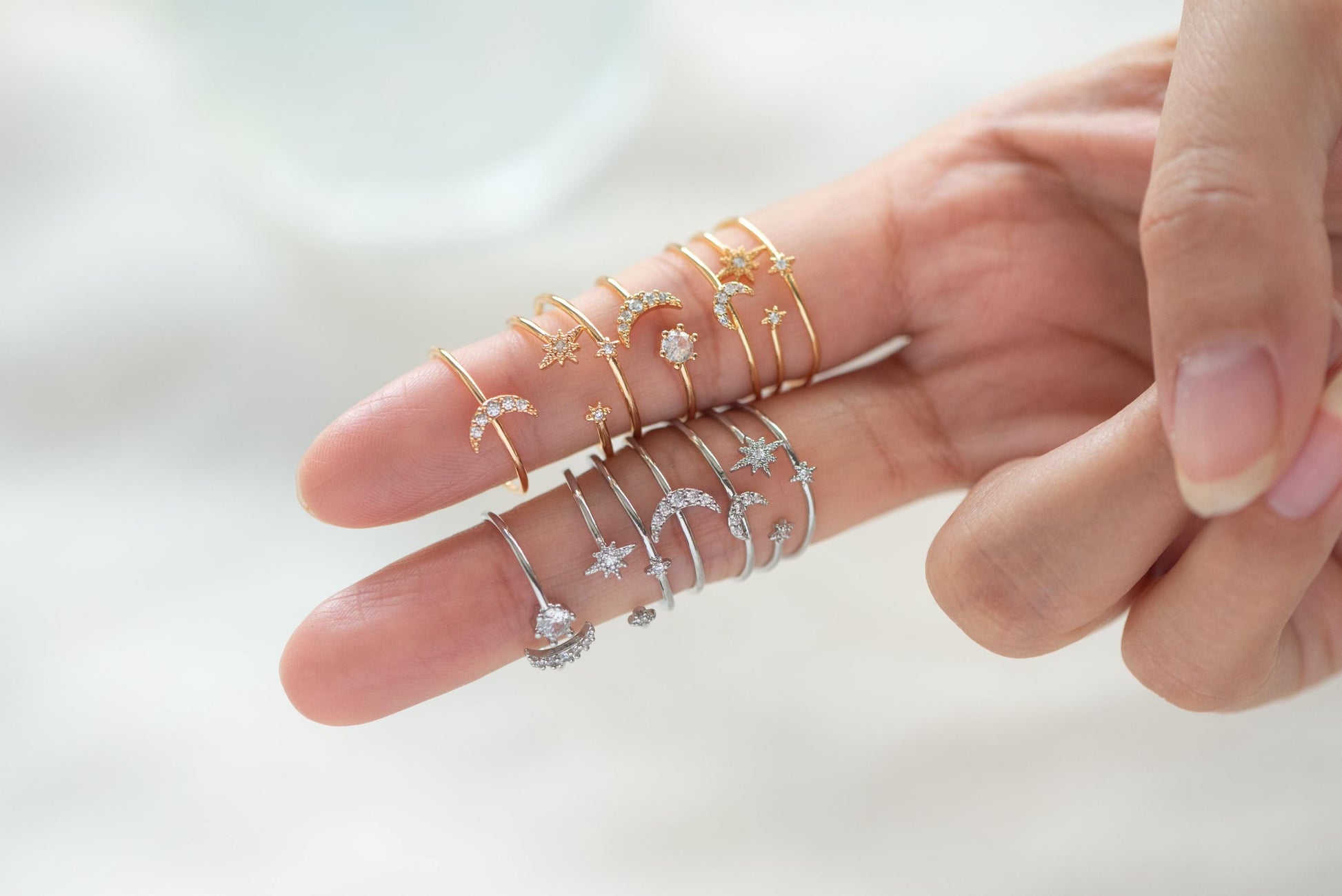 4pcs CZ Pave Gold/ Silver Moon Ring, Celestial Ring, Dainty Rings, Adjustable Ring, Thin Ring (#GB-4176)