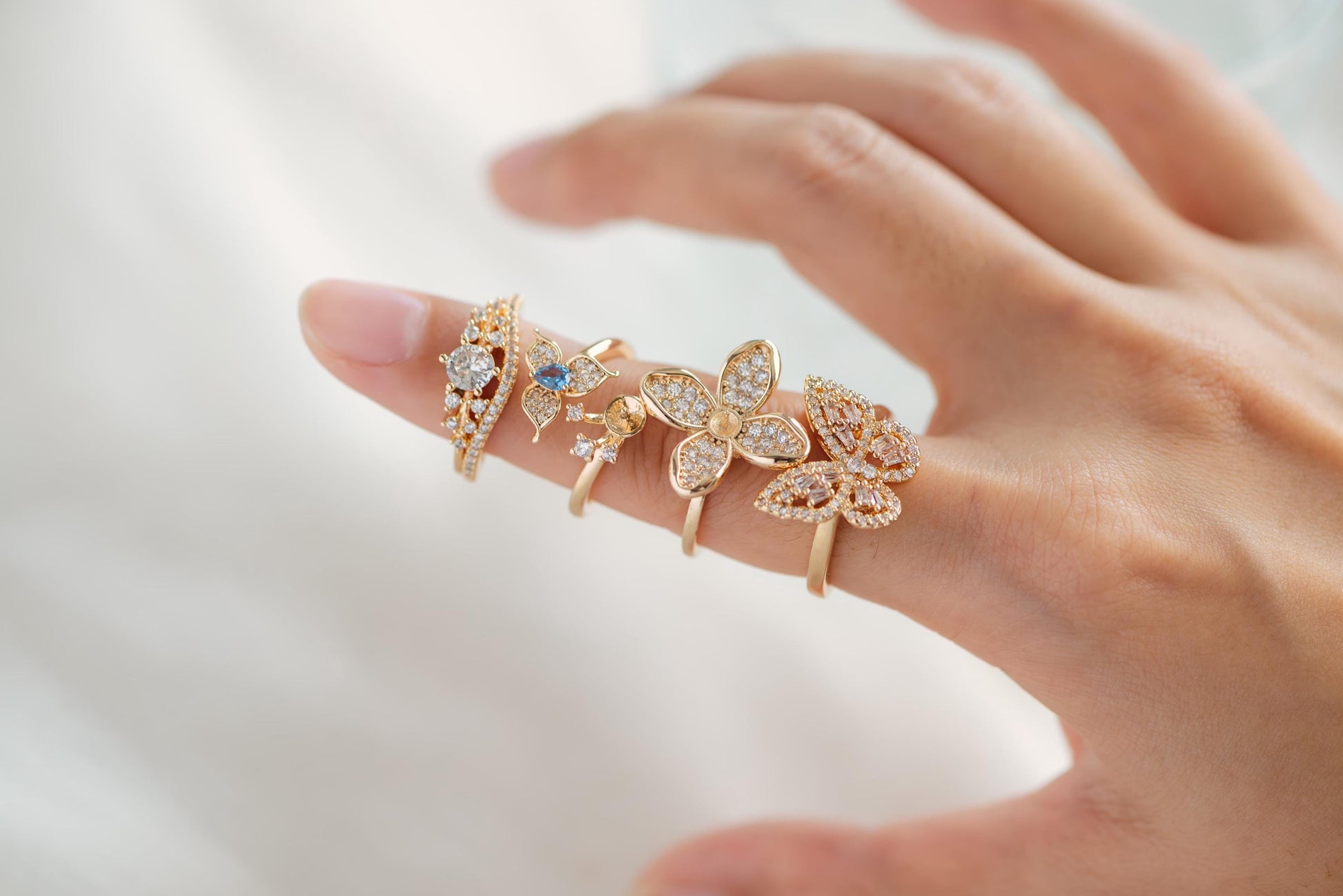 4pcs Blue CZ Pave Gold Flower Ring, Adjustable Ring Mounting, Pearl Ring Setting (#GB-4440)